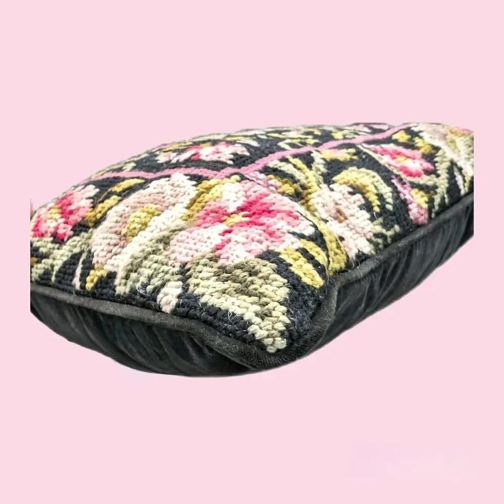 Needlepoint Black Floral Pillow Whimsigoth Katha Diddel 100% Wool Velvet 13x13